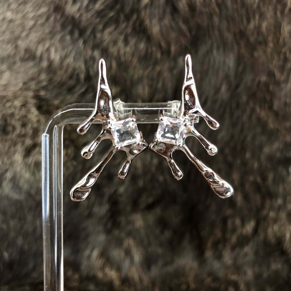 Silver Abstract Earrings with Clear Stones